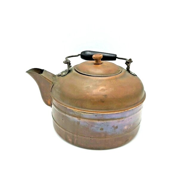 Large Copper Stovetop Tea Kettle Wooden Handle 7 inch Coffee Pot Wood Stove VTG - Picture 4 of 11